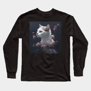 White Kitten surrounded by Pink Flowers | White cat with blue eyes | Digital art Sticker Long Sleeve T-Shirt
